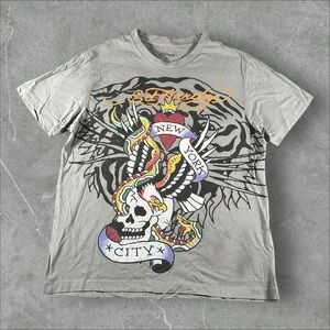 Ed Hardy Shirt Men Large Grey Y2K Grunge Tattoo AOP Mall Goth Hip Hop 00s Skater